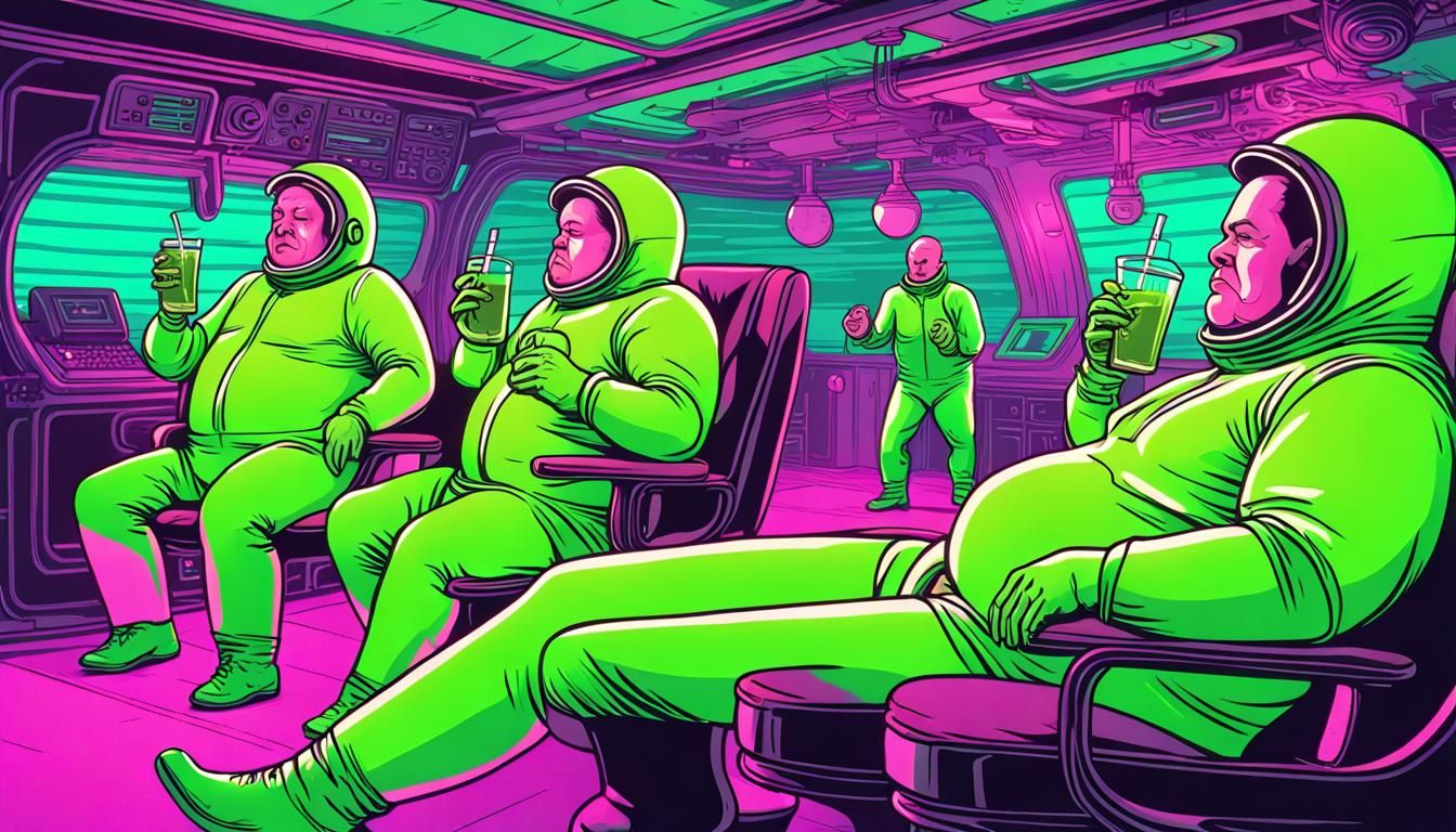 Men in Green Suits Drinking Soda in Futuristic Spaceship