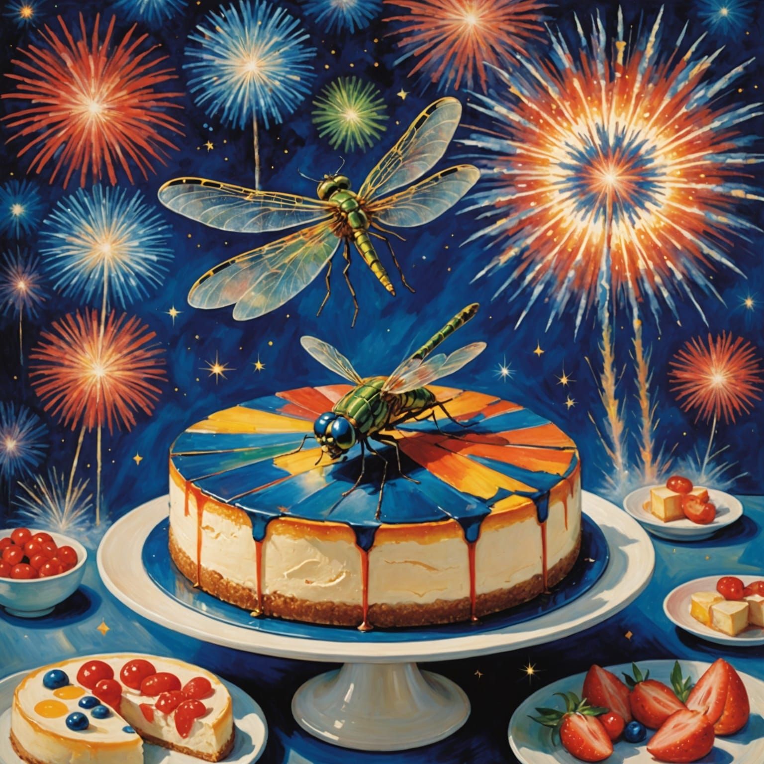 Dragonfly Lands on Spaceship Amidst Blue Fireworks
