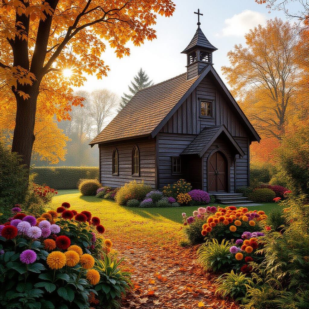 Peaceful Countryside Church in Autumn Garden