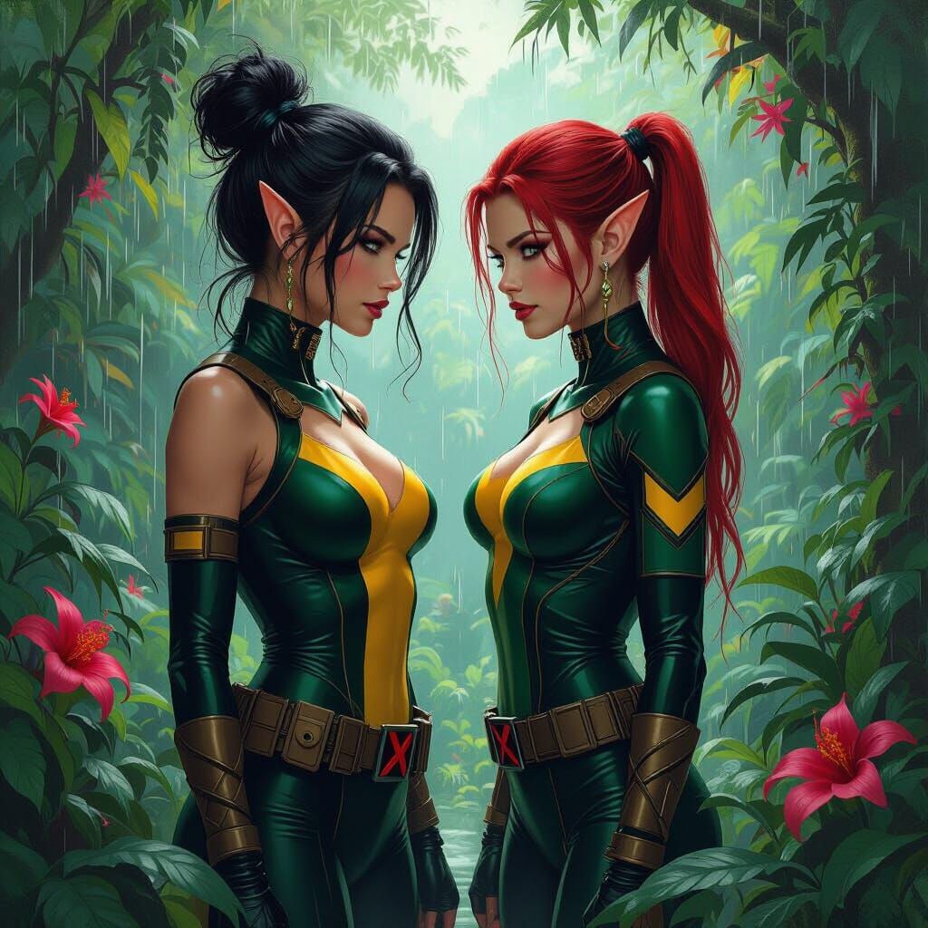 Elven X-Men in Jungle Downpour: Fantasy Oil Painting
