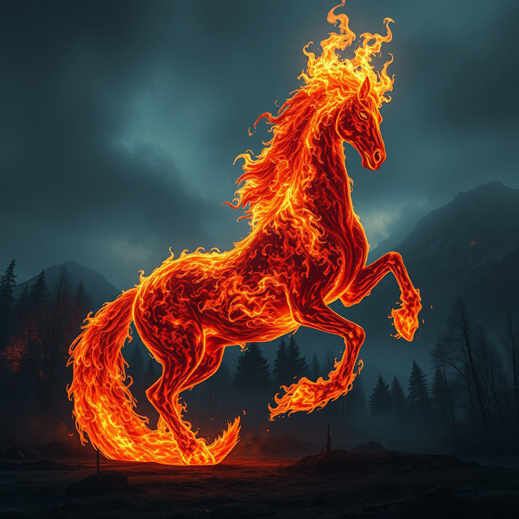 Fiery Horse in Mystical Landscape, Fantasy Matte Painting