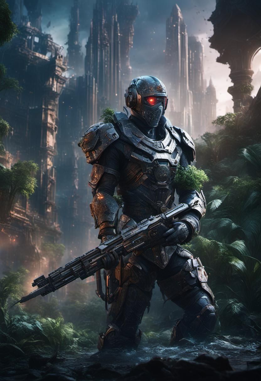 Futuristic Warrior in Apocalyptic City: Digital Matte Painti...