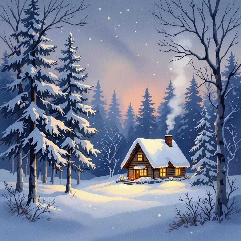 Snowy Forest Cabin at Twilight in Watercolor Style