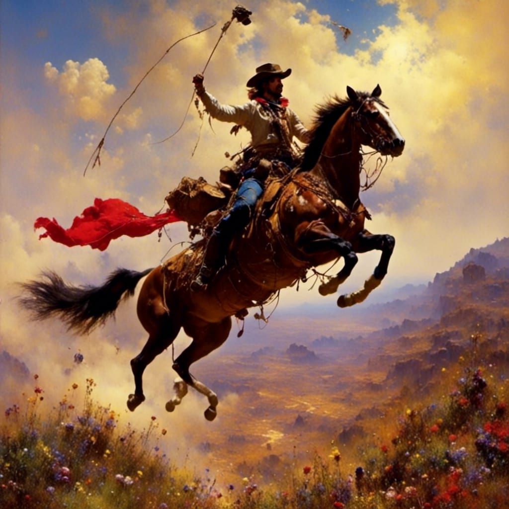 Furry Cat Astride Horse Tackling Rodeo