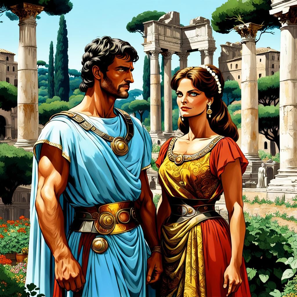 Anime Vaporwave: Roman Couple in Ancient Gardens