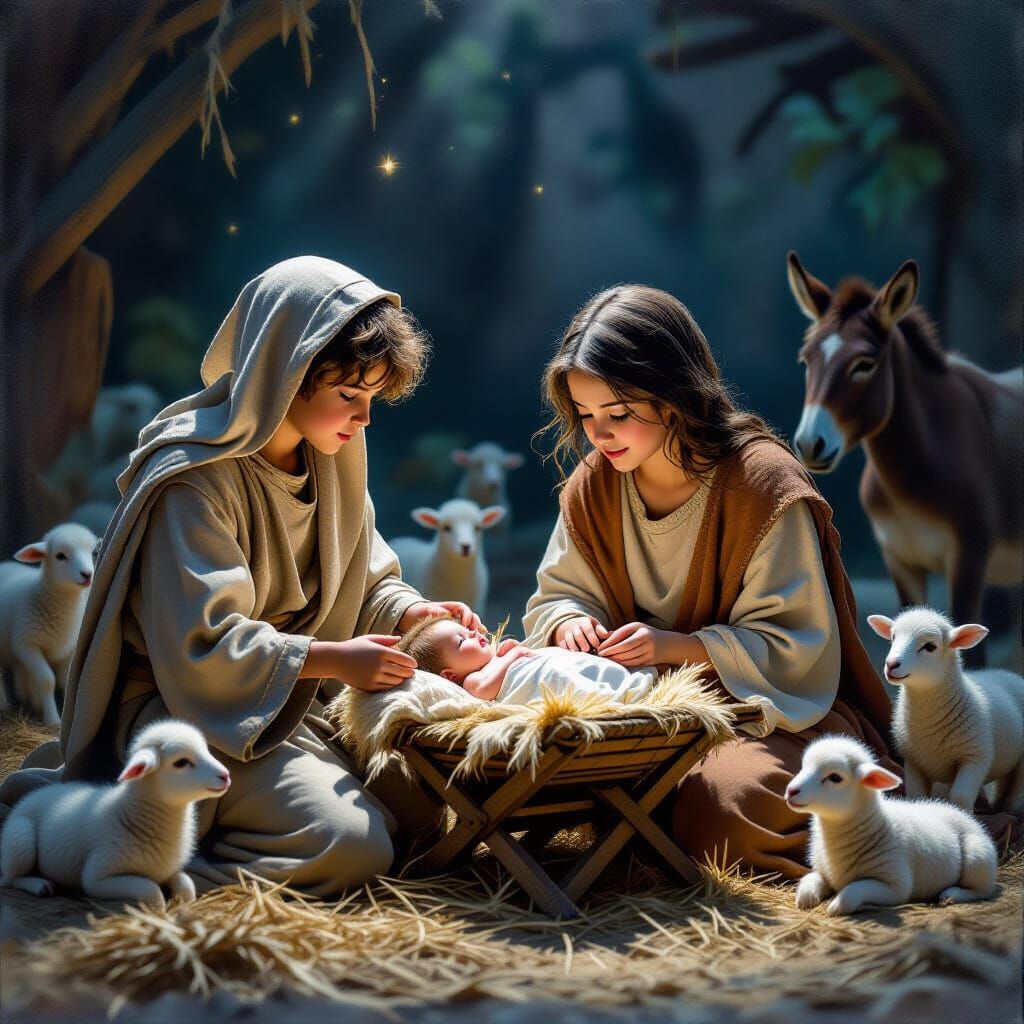 Boy Plays Drum for Baby Jesus in Humble Manger Scene