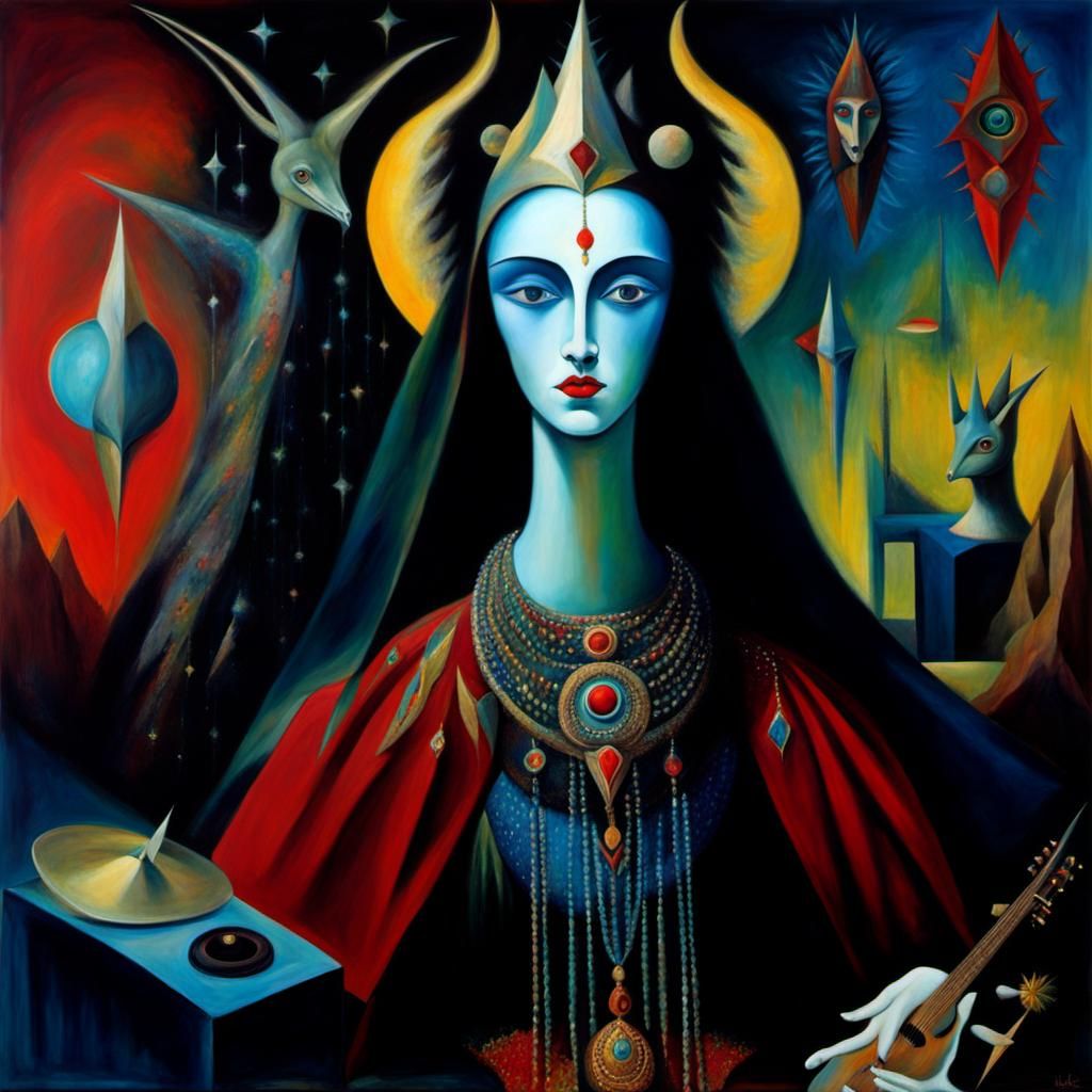 Musical Deity with Mirror Eyes, Mixed Media Style