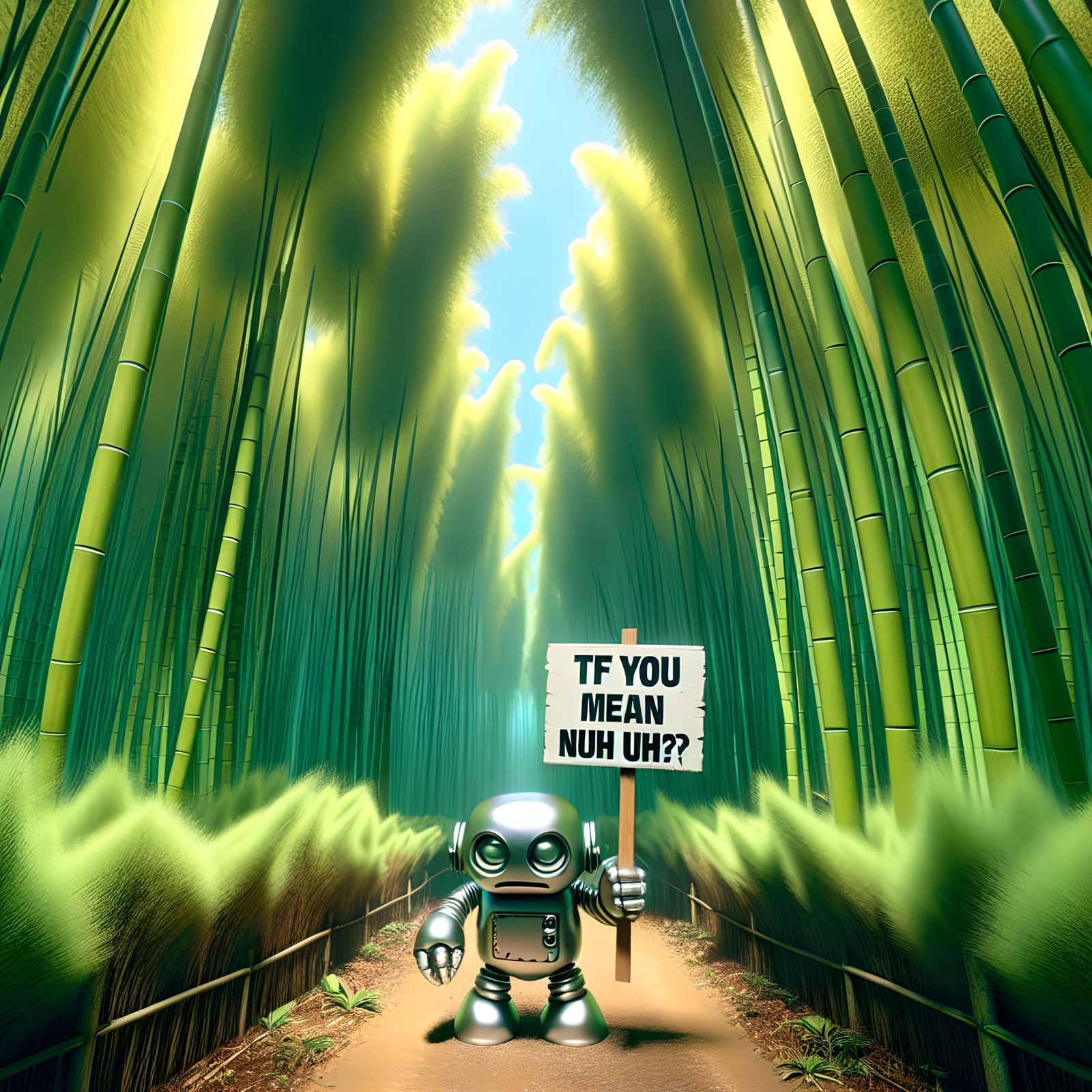 Angry Robot in Bamboo Forest - Hyperrealistic Image