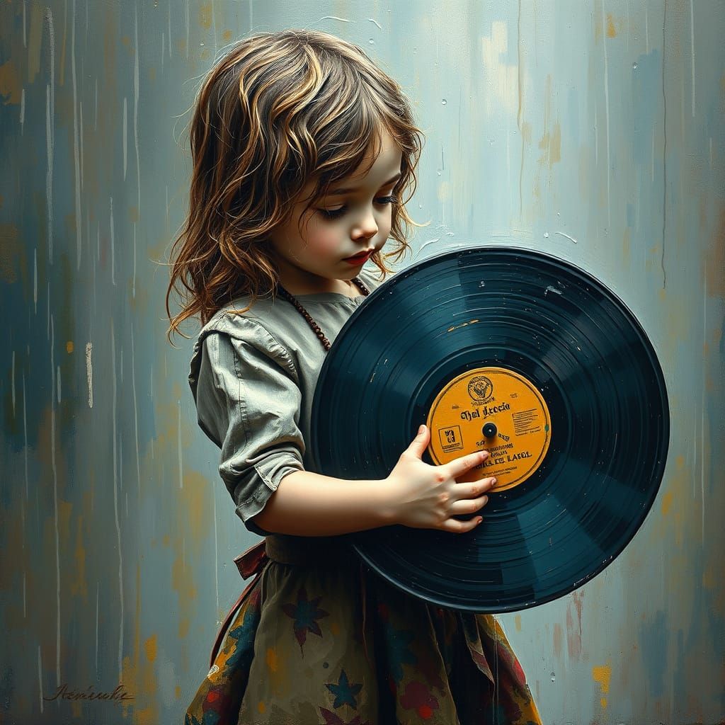 Girl With Record in Rain, Expressionist Oil Painting
