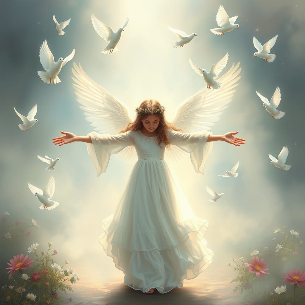 Ethereal Fantasy Girl Surrounded by Flying White Doves
