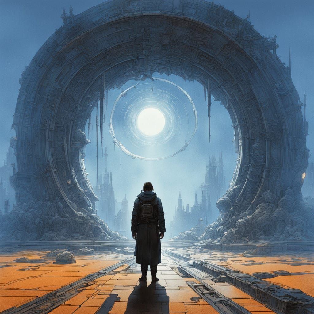 Figure Before Transcendent Portal in Futuristic Cityscape