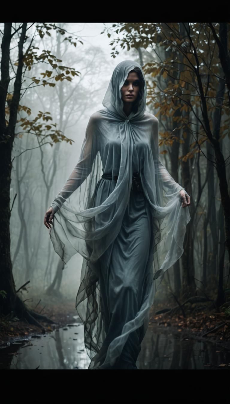 Ethereal Woman in Foggy Forest: Dark Fantasy Portrait