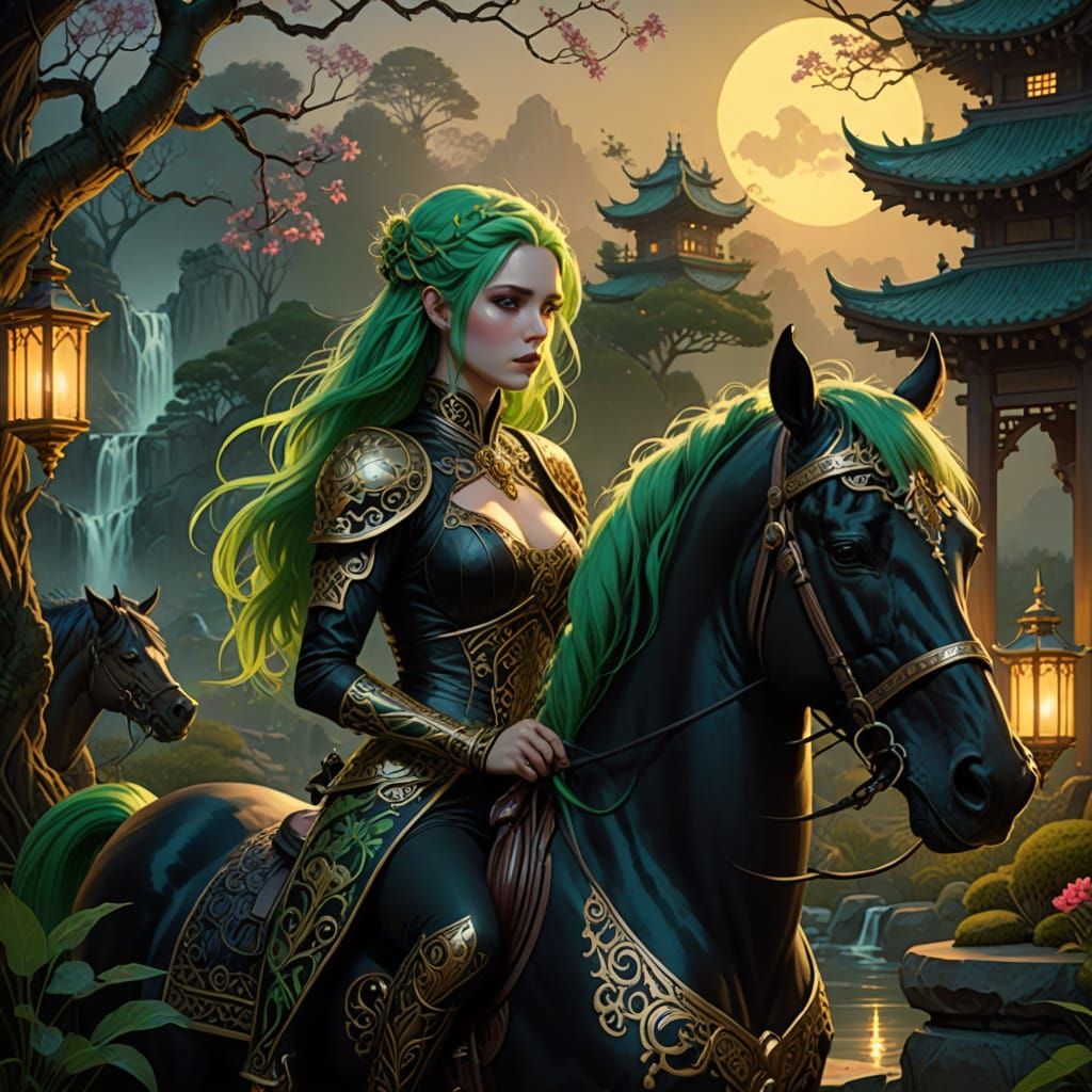 Gothic Warrior Woman Tending Zen Garden in Fantasy Art
