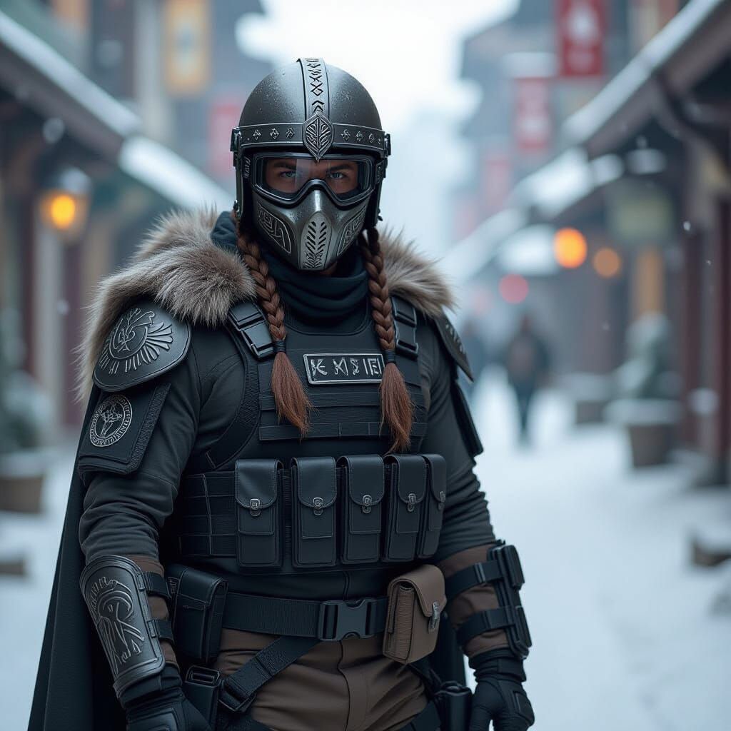 Viking-Inspired Airsoft Player in Tactical Uniform