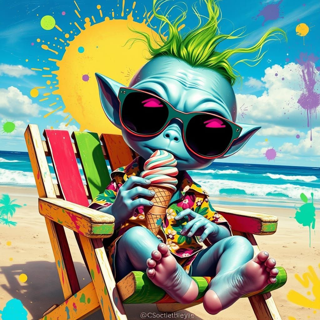 Whimsical Alien Enjoying Rainbow Ice Cream on Sun-Kissed Bea...