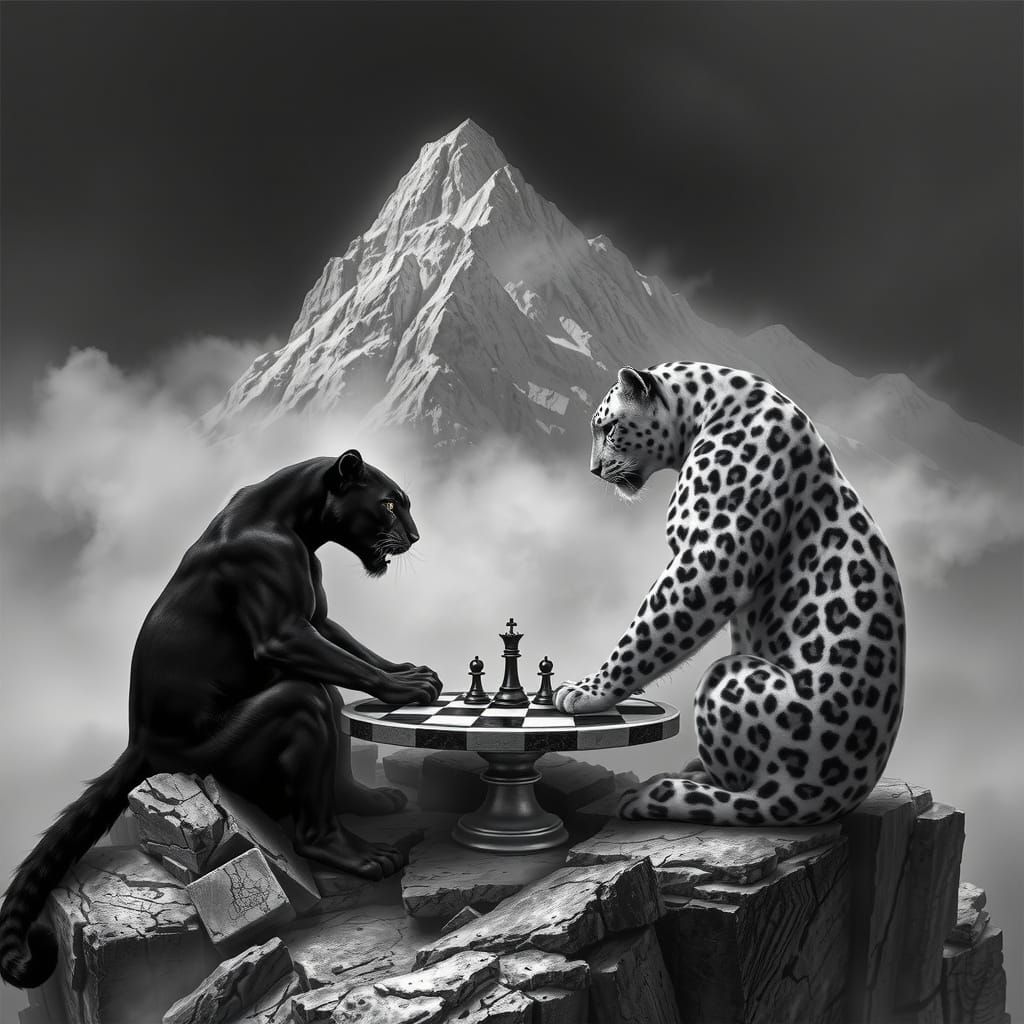 Panthers Play Chess on Misty Mountain Peak