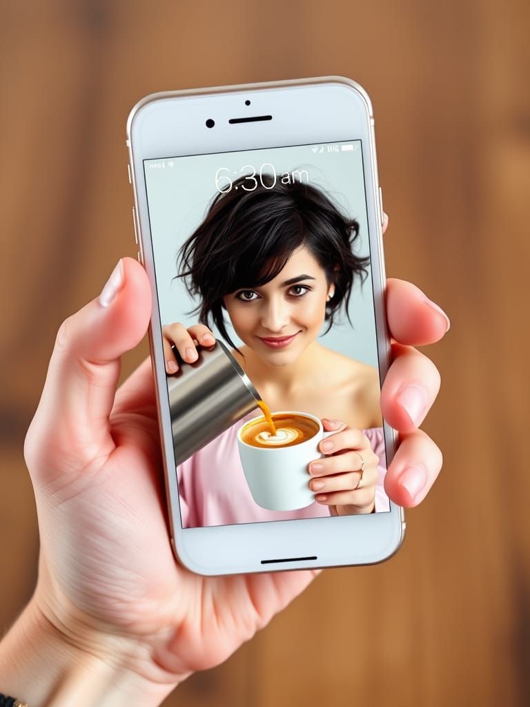 Woman With Coffee Displayed on a Smartphone