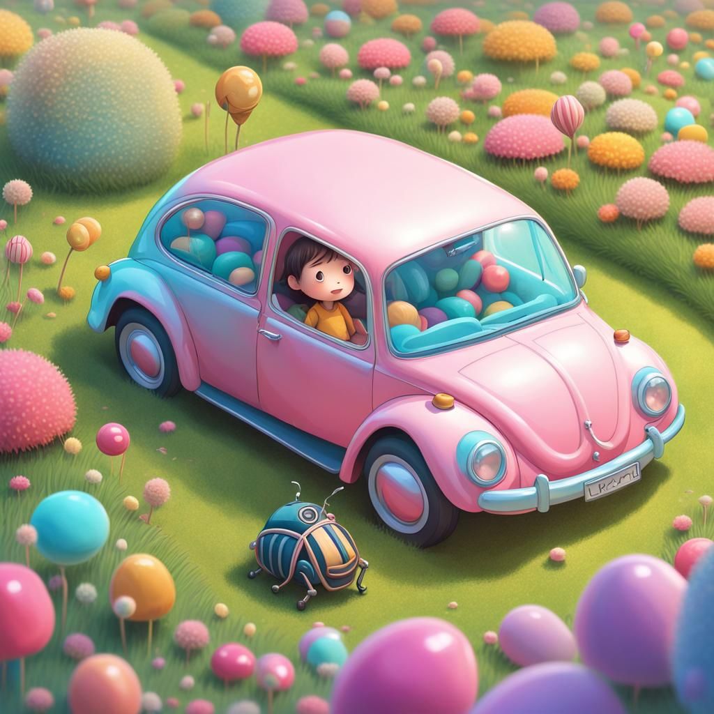 Child Driving Tiny Car in Candy Art Style