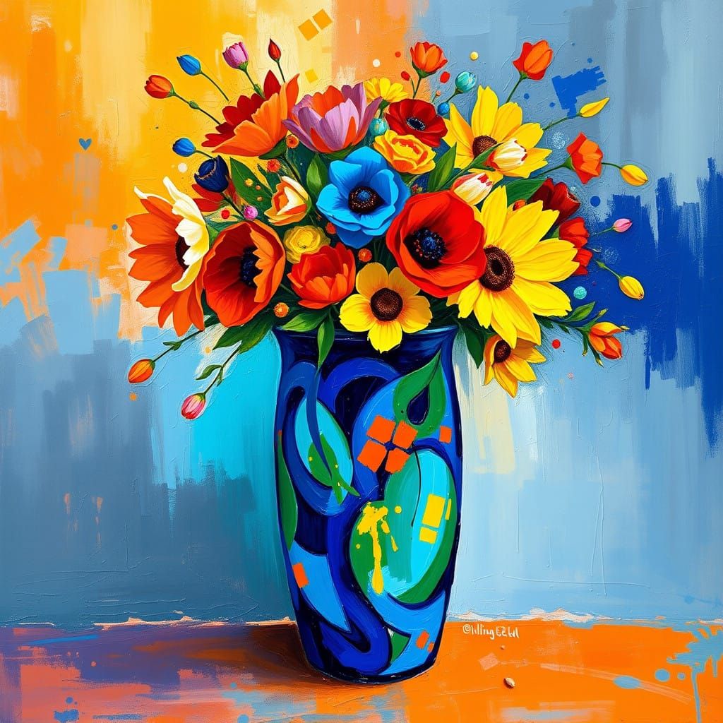 Vibrant Floral Explosion in Cobalt Blue Abstract Vase