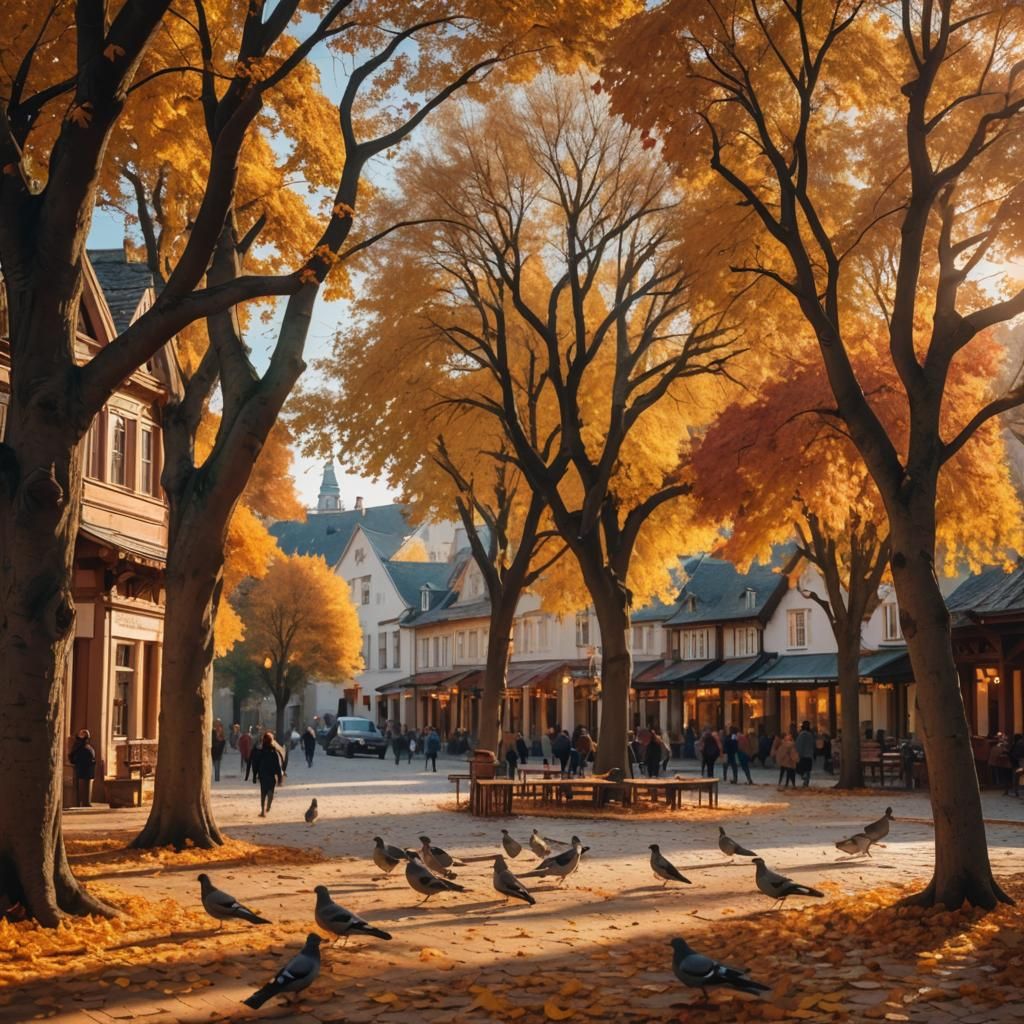 Autumn Town Square with Fiery Foliage