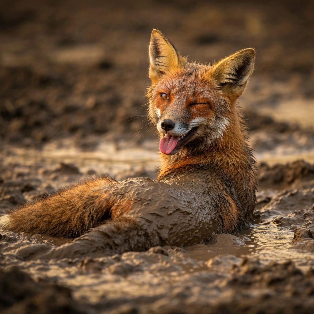 Muddy Fox Sinking in Mud, Winking and Smiling