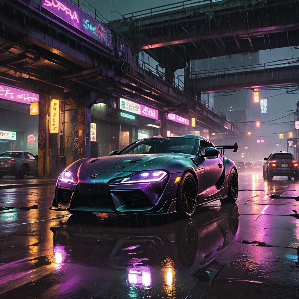 Cyberpunk Supra GR Drives Through Neon City