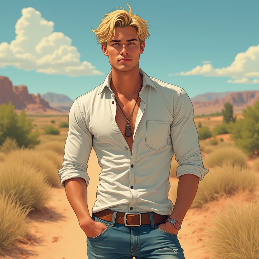 Chiseled Male Model in a Sunlit Outdoor Setting