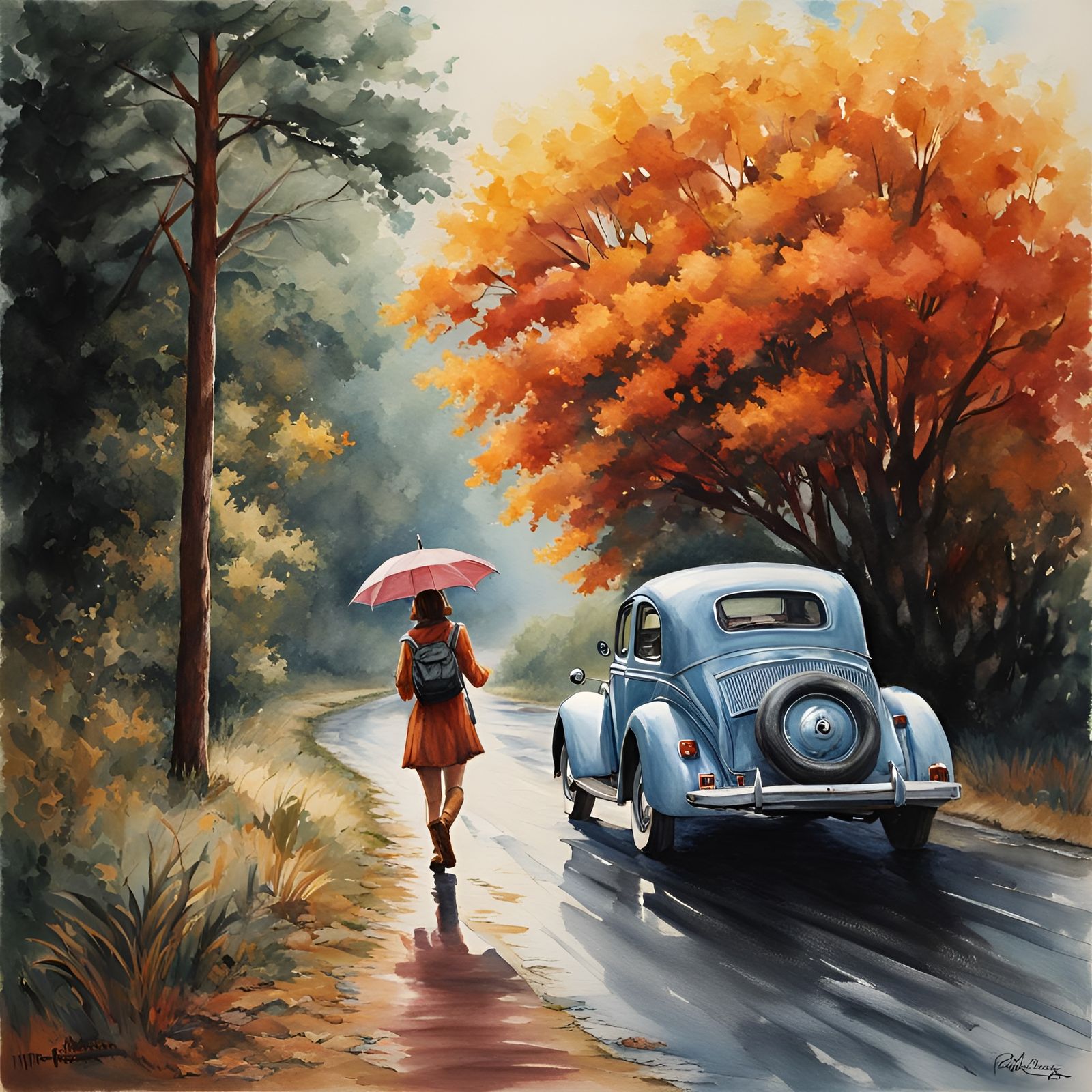 Hyperrealistic Girl Hitchhiking in Retro Watercolor Style