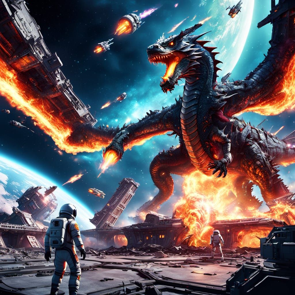 Epic Space Dragon Battle in a Smoldering Space Station