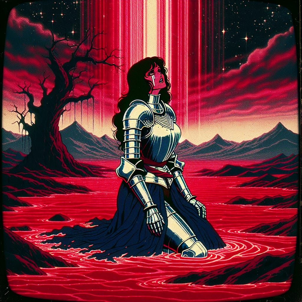 A Devastated Knight Amidst a Bleak, Crimson Landscape