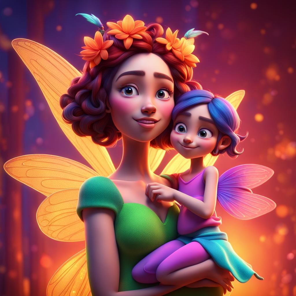 Vibrant Fairy and Daughter in 3D Digital Art