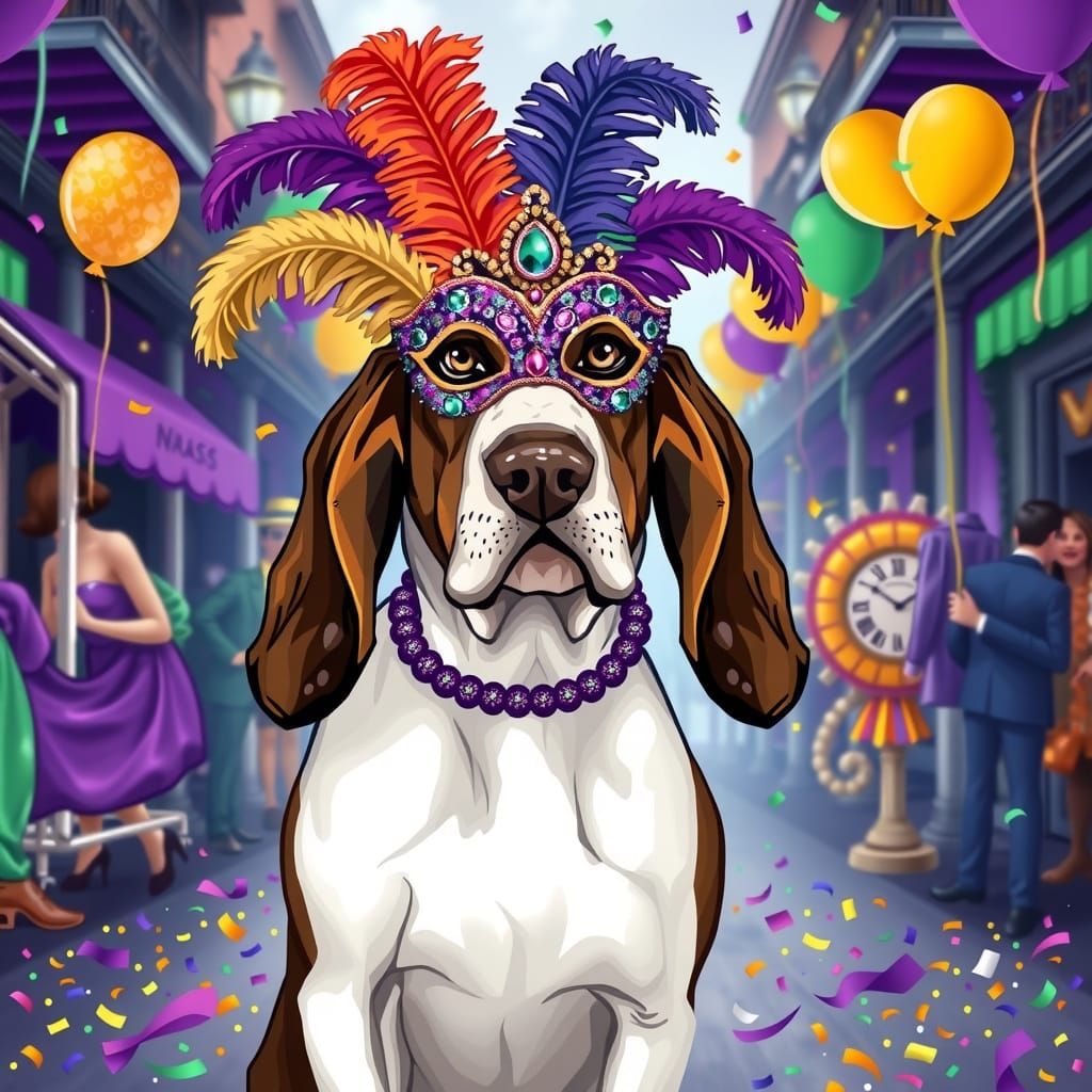 Mardi Gras Basset Hound in Art Deco Style