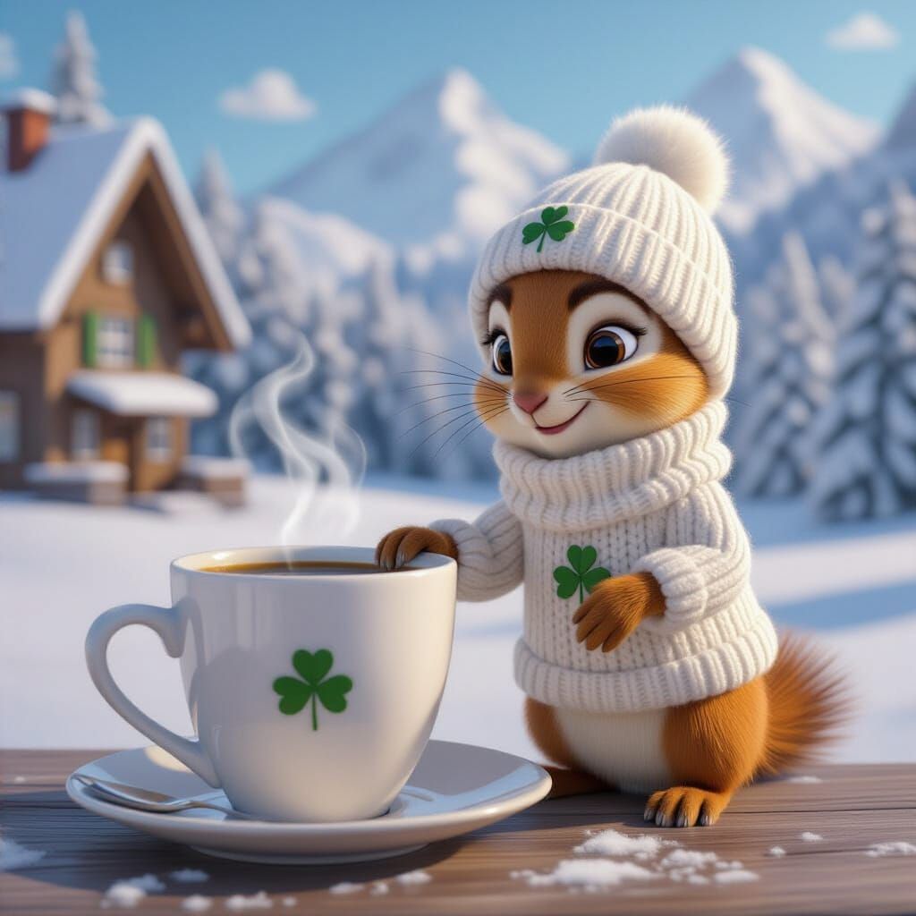 Squirrel in Sweater with Coffee in Winter Landscape