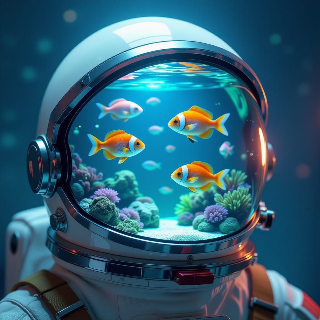 Vintage Astronaut Helmet with Fish Aquarium, Hyperrealistic