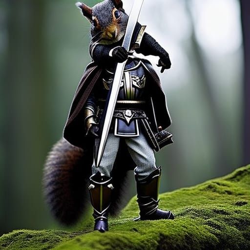 Armored Squirrel Paladin in Dark Woodland Scene
