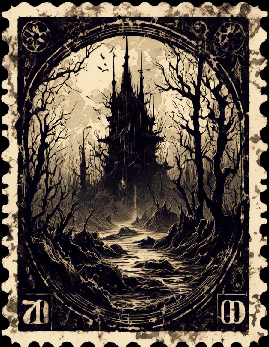 Vector Black Swamp Postage Stamp in Japanese Style