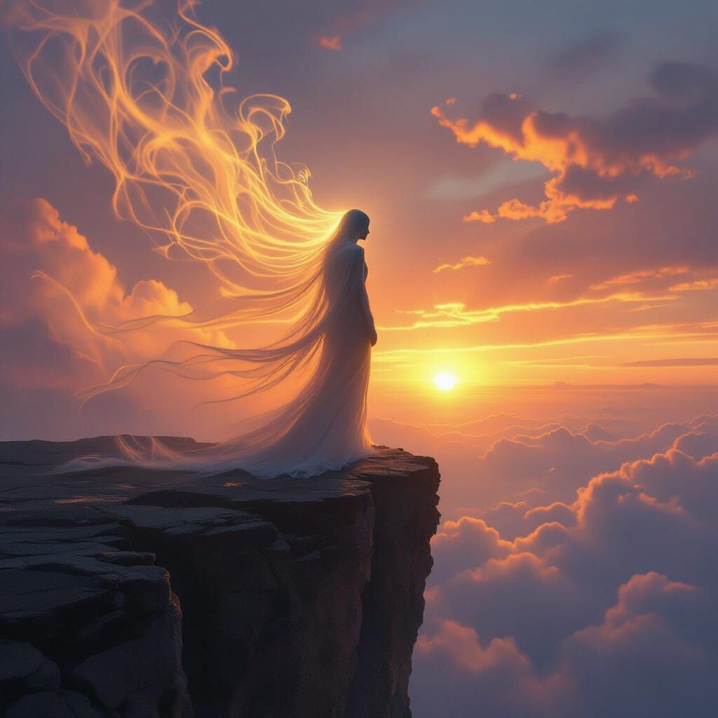 Ethereal Silhouette Blends into Sunrise Over Cliff Edge