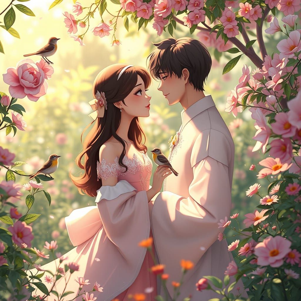 Romantic Encounter in a Vibrant, Whimsical Garden