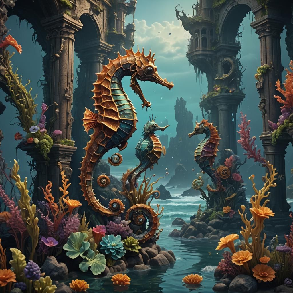 Fantastical Seahorse Scene in Detailed Matte Painting Style