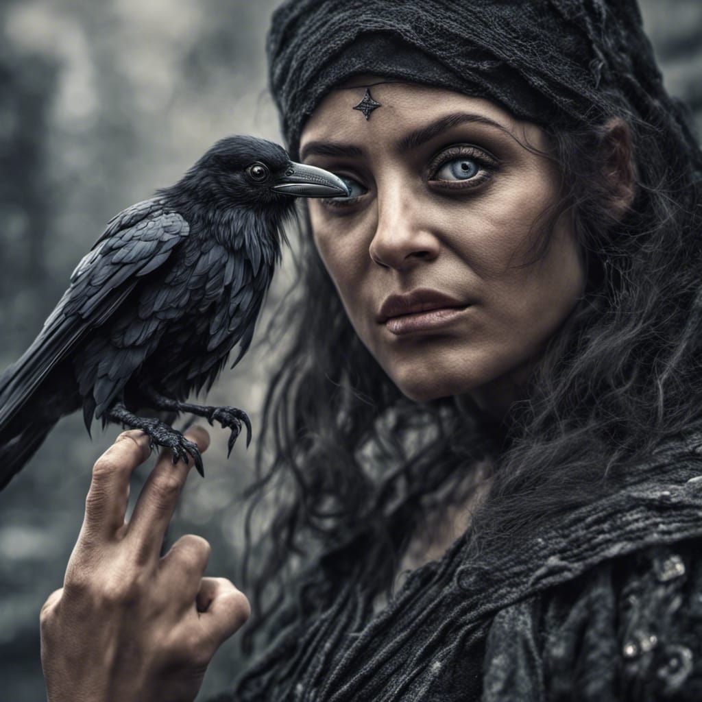 Hyperrealistic Raven and Crone Under Starlight