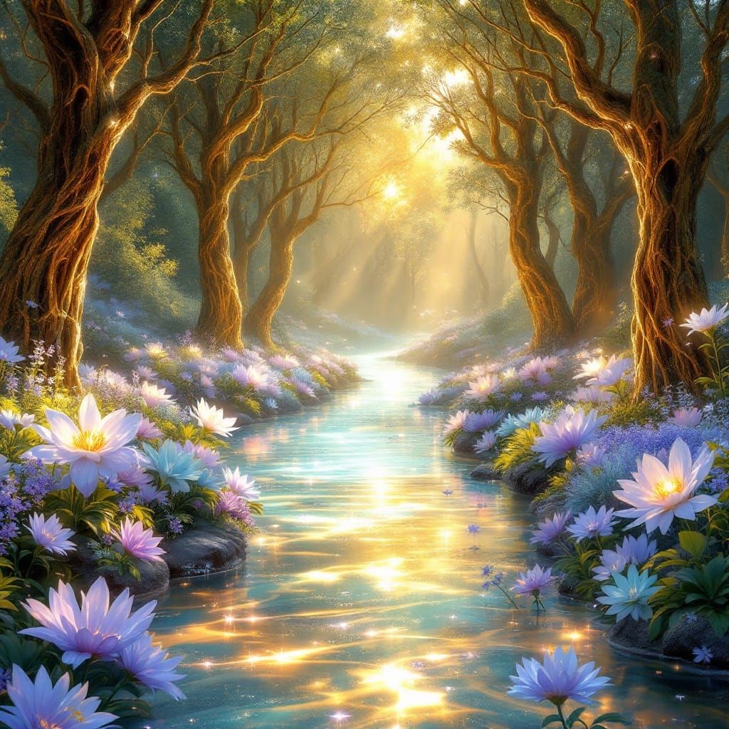 Surreal Paradise of Golden Trees and Glowing Flowers