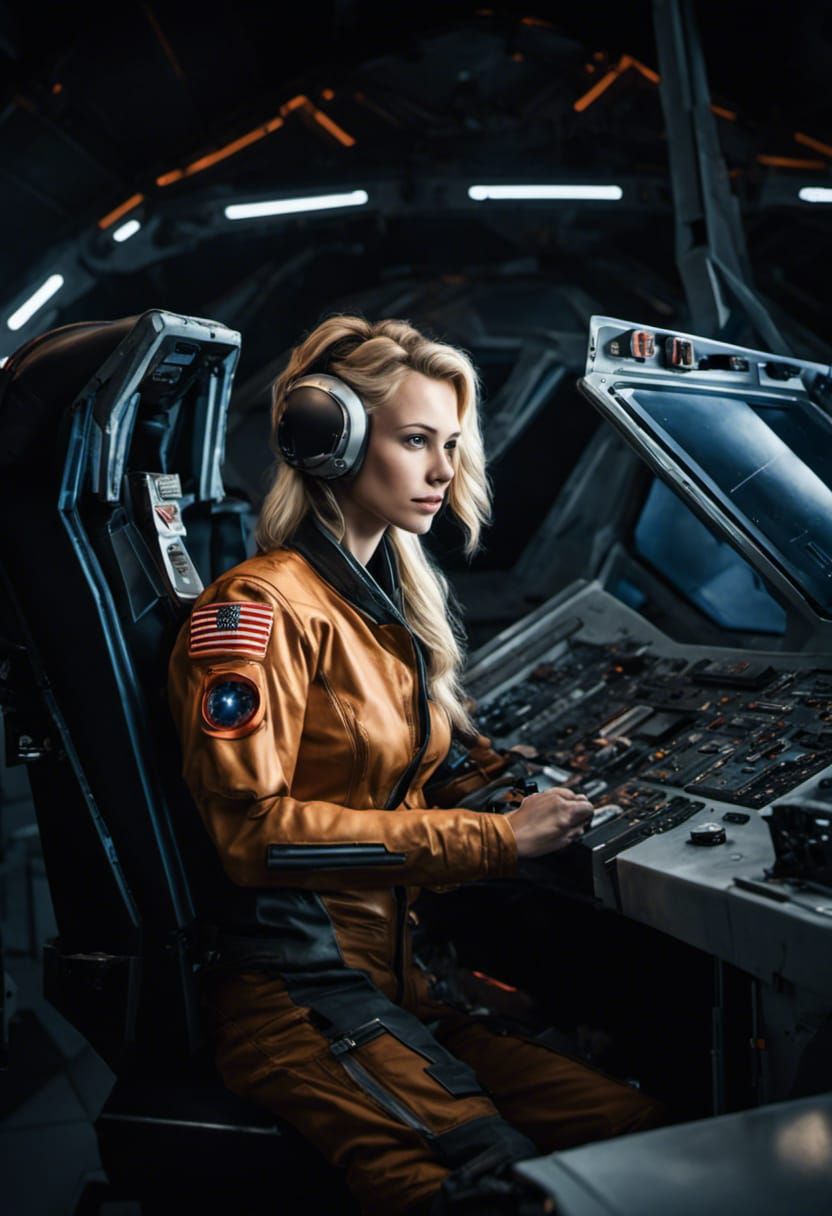 Blonde Space Pilot Prepares for Flight in Spacecraft