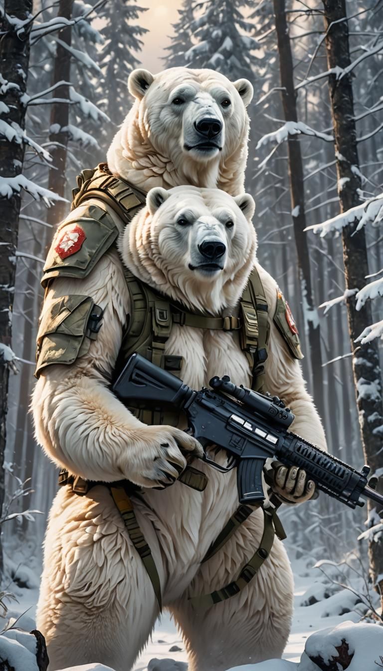 Polar Bear Soldier in Snowy Forest, Fantasy Concept Art