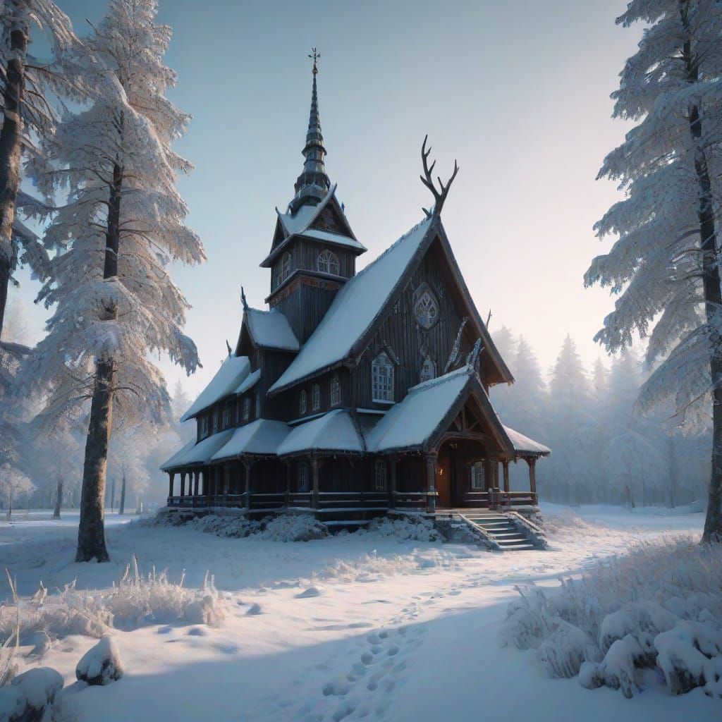 Norse Stave Church in Whimsical Folk-Art Style