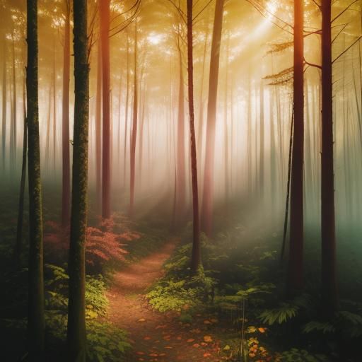 Eerie Sunset in a Misty Forest