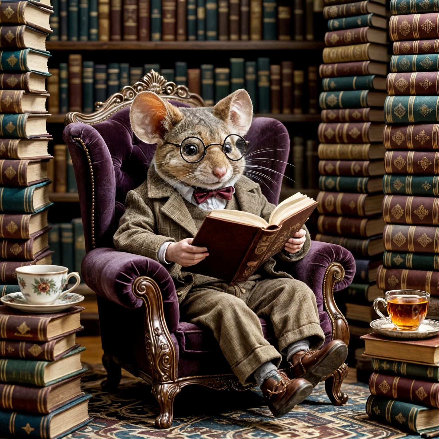 Anthropomorphic Mouse Reading in Cozy Fantasy Setting