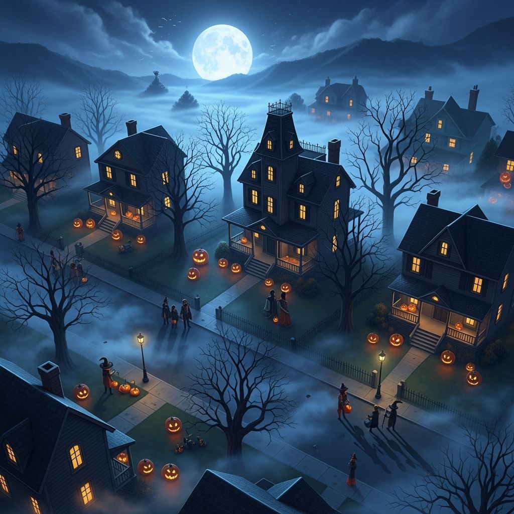 Spooky Halloween Landscape With Haunted House and Trick-or-T...