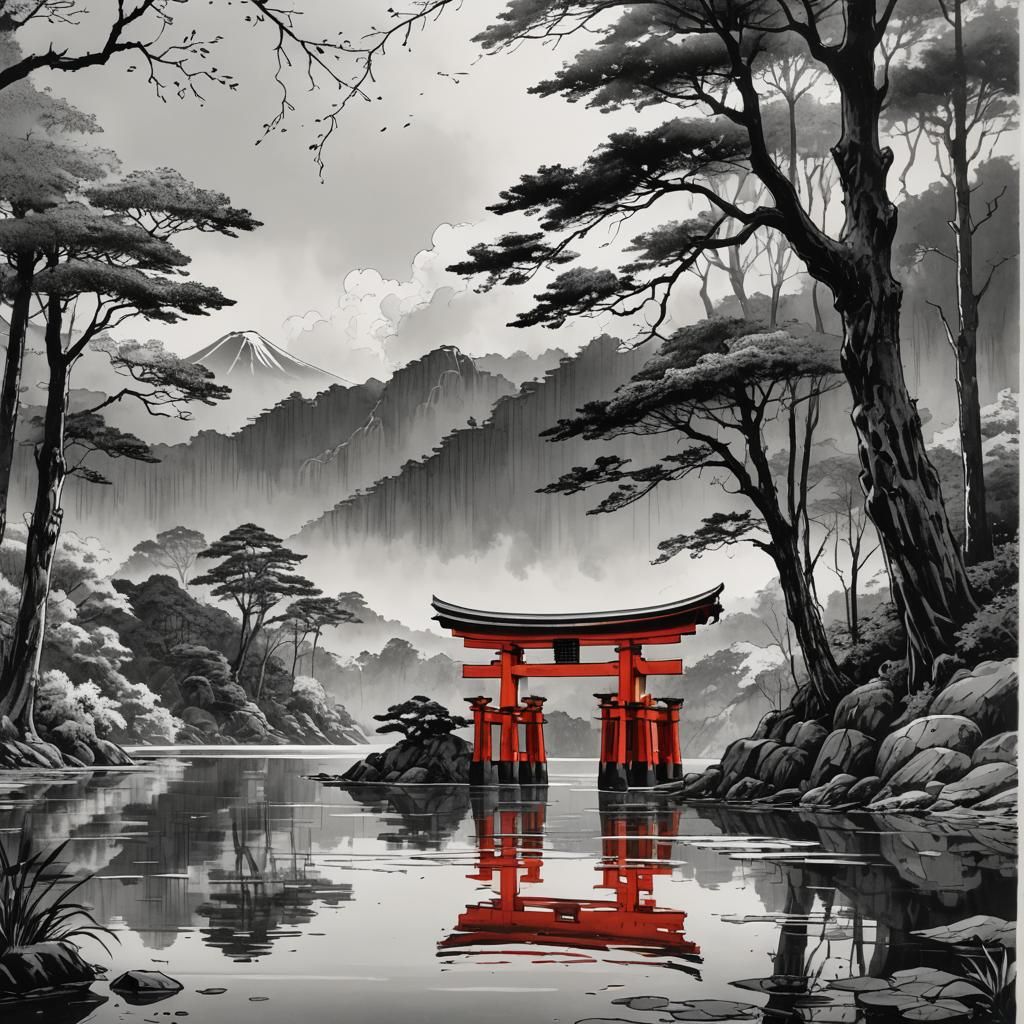 Red Torii Gate Ink Sketch