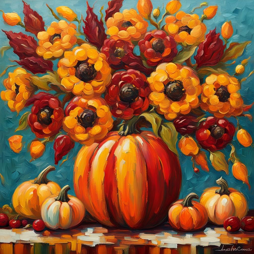 Whimsical Autumn Floral Impasto Oil Painting