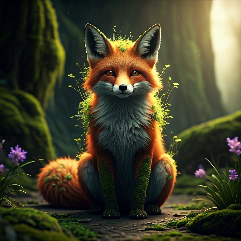 Moss Fox Creature in Fantasycore Botanical Illustration